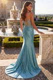 Blue Mint Mermaid Ruched Corset Satin Appliques Spaghetti Straps Long Prom Dress with Beading