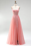 Pink Floral Appliques A-Line Corset Sheer Beaded Chiffon Long Prom Dress with Slit