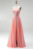 Pink Floral Appliques A-Line Corset Sheer Beaded Chiffon Long Prom Dress with Slit