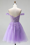 Off the Shoulder Light Plum 3D Floral Appliques A-Line Tulle Corset Short Homecoming Dress with Beading