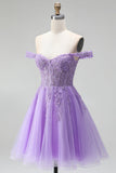 Off the Shoulder Light Plum 3D Floral Appliques A-Line Tulle Corset Short Homecoming Dress with Beading