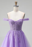 Off the Shoulder Light Plum 3D Floral Appliques A-Line Tulle Corset Short Homecoming Dress with Beading