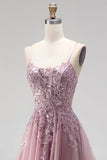 Grey Pink Glitter A-Line Sequins Corset Tulle Long Prom Dress with Beading