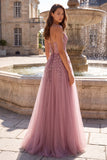 Grey Pink Glitter A-Line Sequins Corset Tulle Long Prom Dress with Beading