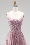 Grey Pink Glitter A-Line Sequins Corset Tulle Long Prom Dress with Beading