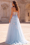 Light Blue Corset Strapless 3D Floral Appliques Sequins Tulle Long Prom Dress with Slit