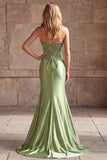 Green Corset Mermaid V-Neck Rhinestone Sheer Satin Ruched Beaded Long Prom Dress with Slit