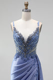 Dusty Blue Rhinestones Appliques Mermaid Satin V-Neck Ruched Sequins Long Prom Dress with Slit