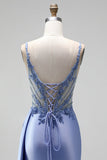 Dusty Blue Rhinestones Appliques Mermaid Satin V-Neck Ruched Sequins Long Prom Dress with Slit