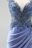 Dusty Blue Rhinestones Appliques Mermaid Satin V-Neck Ruched Sequins Long Prom Dress with Slit