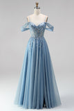 Glitter Dusty Blue Cold Shoulder A-Line Corset Sheer Sequins Long Prom Dress with Appliques