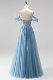 Glitter Dusty Blue Cold Shoulder A-Line Corset Sheer Sequins Long Prom Dress with Appliques