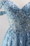 Glitter Dusty Blue Cold Shoulder A-Line Corset Sheer Sequins Long Prom Dress with Appliques
