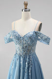Glitter Dusty Blue Cold Shoulder A-Line Corset Sheer Sequins Long Prom Dress with Appliques