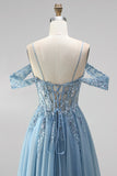 Glitter Dusty Blue Cold Shoulder A-Line Corset Sheer Sequins Long Prom Dress with Appliques