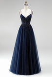 Glitter Navy A-Line Corset Tulle Sequins Appliques Spaghetti Straps Long Prom Dress