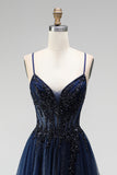 Glitter Navy A-Line Corset Tulle Sequins Appliques Spaghetti Straps Long Prom Dress