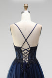 Glitter Navy A-Line Corset Tulle Sequins Appliques Spaghetti Straps Long Prom Dress
