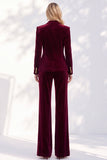 Burgundy Velvet Peak Lapel Peplum V-Neck 2 Piece Women Suits