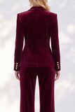 Burgundy Velvet Peak Lapel Peplum V-Neck 2 Piece Women Suits