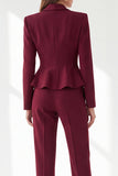 Burgundy Shawl Lapel Long Sleeves V-Neck Peplum 2 Piece Women Suits