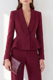 Burgundy Shawl Lapel Long Sleeves V-Neck Peplum 2 Piece Women Suits