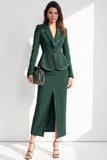 Dark Green Two Piece Notched Lapel Long Sleeves Front Slit Women Suits