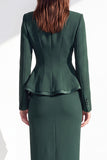 Dark Green Two Piece Notched Lapel Long Sleeves Front Slit Women Suits