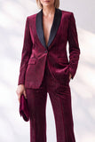 Burgundy Velvet Pinstripe Shawl Lapel Single Breasted Long Women Suits
