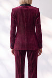 Burgundy Velvet Pinstripe Shawl Lapel Single Breasted Long Women Suits