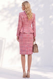 Pink Notched Lapel Tweed Plaid Single Breasted Peplum Women Suits with Pockets