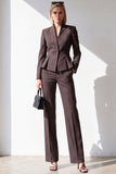 Coffee Pinstripe V-Neck 2 Piece Peplum Women Suits with Pockets