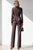 Coffee Pinstripe V-Neck 2 Piece Peplum Women Suits with Pockets