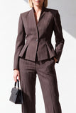 Coffee Pinstripe V-Neck 2 Piece Peplum Women Suits with Pockets