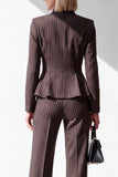 Coffee Pinstripe V-Neck 2 Piece Peplum Women Suits with Pockets