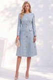 Blue A-Line Round Neck Long Sleeves Midi Work Dress