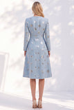 Blue A-Line Round Neck Long Sleeves Midi Work Dress
