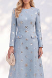 Blue A-Line Round Neck Long Sleeves Midi Work Dress