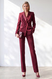 Burgundy Fitted Shawl Lapel Double Breasted Women Suits with Pockets