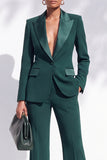 Dark Green Satin Peak Lapel V-Neck Single Breasted Long Women Suits with Pockets