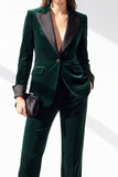 Dark Green Velvet Peak Lapel Single Breasted V-Neck Women Suits with Pockets