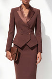 Coffee Fitted Satin Peak Lapel Knee-Length Double Breasted Women Suits
