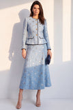 Blue 2-Piece Round Neck Sequins Midi Women Suits with Covered Button