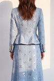 Blue 2-Piece Round Neck Sequins Midi Women Suits with Covered Button