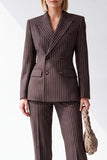 Coffee Pinstriped Peak Lapel Double Breasted 2 Piece Women Suits