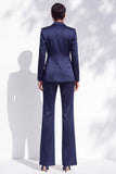 Navy Satin V-Neck Notched Lapel 2 Piece Women Suits with Belt