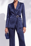 Navy Satin V-Neck Notched Lapel 2 Piece Women Suits with Belt