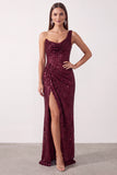 Burgundy Asymmetrical One Shoulder Cowl Sequins Sheath Ruched Long Holiday Party Dress with Slit
