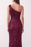 Burgundy Asymmetrical One Shoulder Cowl Sequins Sheath Ruched Long Holiday Party Dress with Slit