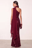 Burgundy Halter Sequins Mermaid Long Holiday Party Dress with Chiffon Draping